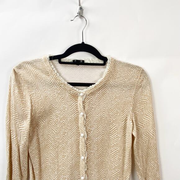 Talbots XS Womens Cream Tan Chevron Ruffle Trim Button Front Sweater Cardigan - Picture 2 of 8